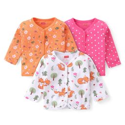Babyhug 100% Interlock Cotton Knit Full Sleeves Front Open Antibacterial Vests with Polka Dot & Floral Print Pack of 3 - Orange Pink & White-image-92