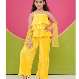 AJ Dezines Sleeveless Pleated Solid Top Pant With Dupatta Set - Yellow-image-98