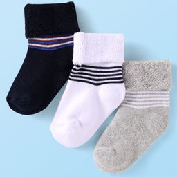 Cute Walk by Babyhug Cotton Knit Anti Bacterial Ankle Length Stripes Design Socks Pack of 3 - Black Grey & White-image-99