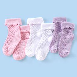 Cute Walk by Babyhug Cotton Knit Anti Bacterial Frill Socks Pack of 3 - Pink White & Purple-image-93