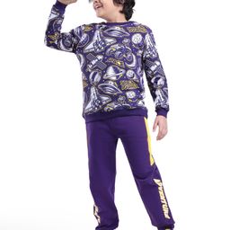 Ollington St. 100% Cotton Knit Full Sleeves Sweatshirt & Joggers Winter Wear Set With Space Theme Print - Purple-image-111