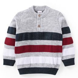 Babyhug Knitted Full Sleeves Henley Neck Pullover Sweater with Stripes Design - Grey-image-43