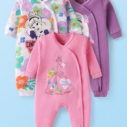Babyhug Disney Interlock Knit Full Sleeves Front OpenDisney Princess Printed Rompers Pack of 3 - White Purple & Pink-image-68