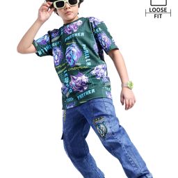 Ollington St. Knit Cotton Knit Half Drop Shoulder Sleeves T-Shirt & Denim Joggers Set Animal Printed - Blue-image-94