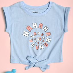 Be Awara Cotton Short Sleeves Haha Text Printed Crop Top - Blue-image-1