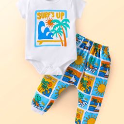 Babyhug 100% Cotton Knit Half Sleeves Onesie with Leggings with Beach Theme - White & Blue-picture-16