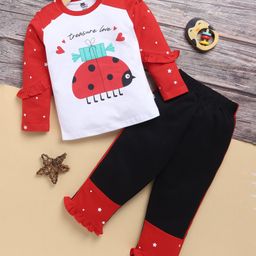 TOONYPORT Cotton Blend Full Raglan Sleeves Lady Bug & Typography Printed Tee & Pant Set - Red-image-36