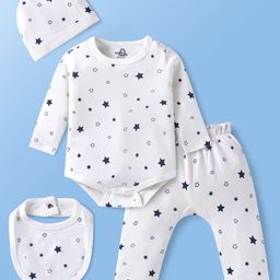 Doodle Poodle 100% Cotton Knit Full Sleeves Star Printed Onesie With Diaper Legging Cap & Bib - White-image-47