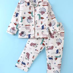 Enfance Core Cotton Woven Full Sleeves AnimalPrinted Coordinating Night Suit Set - Cream-image-99