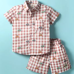 Mini Donuts Cotton Knit Half Sleeves Co-ords Checked Shirt & Shorts Set with Car Print - Peach-image-34
