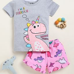 Little Marine Cotton Half Sleeves Dinosaur Printed Tee With Shorts Set - Grey & Pink-picture-14