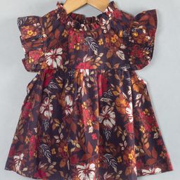 Hugsntugs Woven Cotton Sleeveless Frill Detailed Floral Printed Top - Brown-image-44