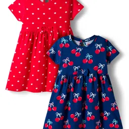 Babyhug Single Jersey Knit Half Sleeves Frock With Polka Dots & Cherry Print Pack Of 2 - Red & Navy Blue-picture-35