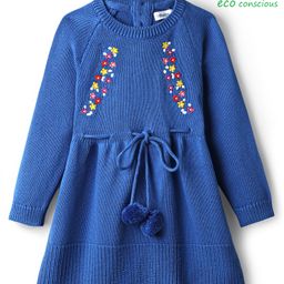 Babyoye 100% Cotton Knit Full Raglan Sleeves Woollen Dress with Floral Embroidery - Blue-image-7
