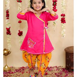 BownBee Pure Cotton Woven Three Fourth Sleeves Elephant Embroidered Gota Lace Embellished Kurti Dhoti Set - Pink-image-79