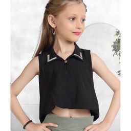 Lei-Chie Woven Sleeveless Stones Embellished Crop Top - Black-image-30