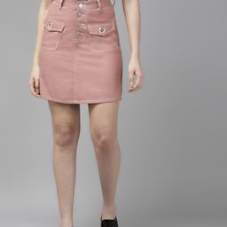 KASSUALLY Women Dusty Pink Solid Pure Cotton Skirt-image-81