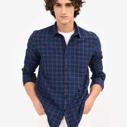 Blu MNKY Men Classic Fit Checked Spread Collar Cotton Casual Shirt-picture-40