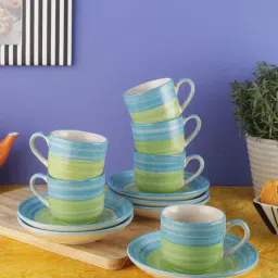 VarEesha Ananda Green & Blue Ceramic Tea Cups with Saucers (130 ml) - Set of 6-17