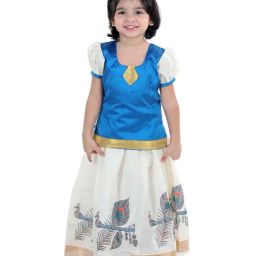 BownBee Kids Blue & White Printed Pavda Pattu Lehenga-image-78