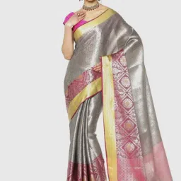 Banarasi Silk Works Grey & Pink Woven Saree With Unstitched Blouse-image-36