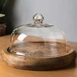 Homesake Brown & Transparent Wooden 24 cm Cake Stand With Glass Dome - Set of 1-47
