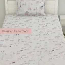 Haus & Kinder Trendy Cartoon Prints Printed White 186 TC Cotton Bed Sheet with 1 Pillow Cover-image-42