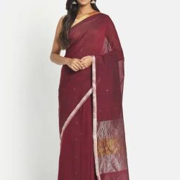 Fabindia Maroon Cotton Woven Saree Without Blouse-image-52