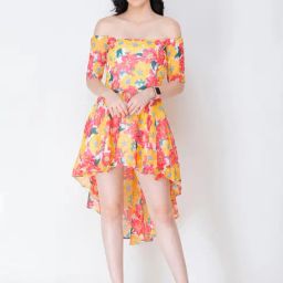 Scorpius Yellow & Pink Floral Print High-low Dress-image-73