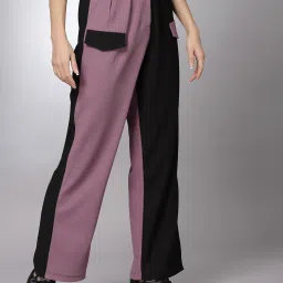 KASSUALLY Mauve & Black Color-Block Regular Fit Mid Rise Trousers image 3