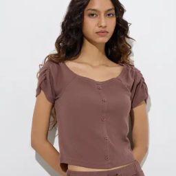 Superstar by Westside Brown Ribbed-Textured Cotton-Blend Top-image-14