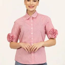 Office & You Pink Cotton Striped Shirt-image-96