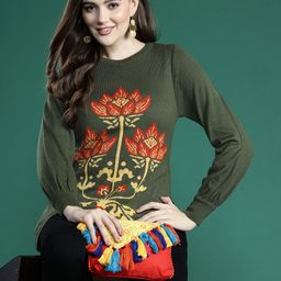 Sangria Ethnic Motifs Designed Acrylic Longline Pullover With Side Slit-image-1