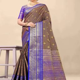 SHUBHKALA Brown Silk Woven Saree With Unstitched Blouse-image-84