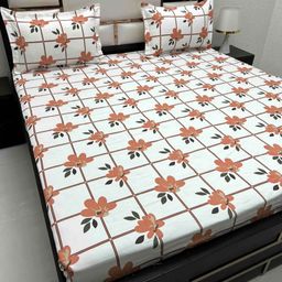 Pure Decor Orange & White Floral 200 TC Queen Bedsheet with 2 Pillow Covers-image-64