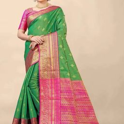 SHUBHKALA Green Silk Woven Saree With Unstitched Blouse-image-15