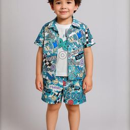 Ministitch Boys Printed Cotton Shirt With T-Shirt & Shorts Clothing Set-picture-28