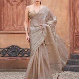 Tikhi Imli Beige Solid Saree with Unstitched Blouse-image-96