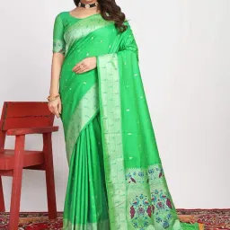 SHUBHKALA Green Silk Woven Saree With Unstitched Blouse-image-36