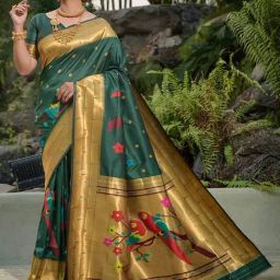 SHUBHKALA Green Silk Woven Saree With Unstitched Blouse-image-89