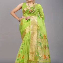 SHUBHKALA Green Silk Woven Saree With Unstitched Blouse-image-52