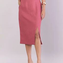 Powersutra Pink Linen Blend Solid Midi Skirt-picture-20