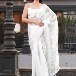 Tikhi Imli White Solid Saree with Unstitched Blouse-image-71