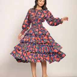 LERIYA FASHION Women Floral Puff Sleeve Fit & Flare Midi Dress-image-5