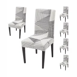 HOKIPO 6 Pcs White & Black Printed 140 GSM Fully Covered Chair Cover-20