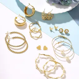 Yellow Chimes Pack Of 18 Gold Plated Artificial Stones and Bead Contemporary Hoop Earrings-48