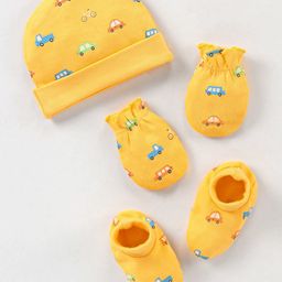 Babyhug 100% Cotton Knit Vehicles Printed Cap Mittens & Booties Set Blue & Yellow - Diameter - 10.5 cm-10