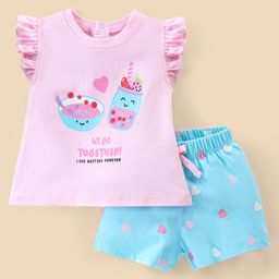 Babyhug Cotton Knit Frill Sleeves Night Suit with Smoothie Print - Pink & Sea Green-image-7