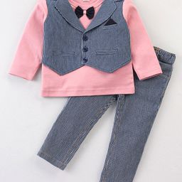 Mini Taurus Full Sleeves Striped Tee & Trouser Set with Bow Tie & Waistcoat - Onion Pink-image-6