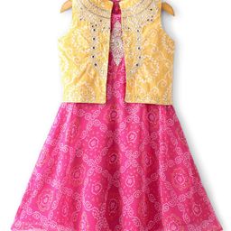 Babyhug Sleeveless Bandhani Printed Long Dress with Embroidered Jacket Set - Yellow & Fuschia-image-64